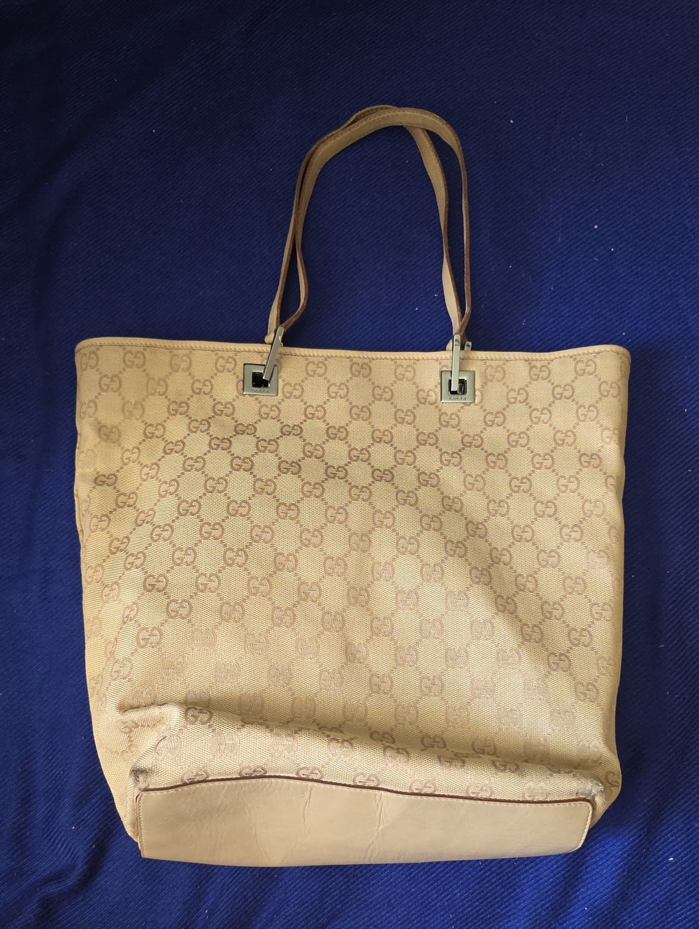 Gucci Beige GG Monogram Tote with Tan Leather Trim